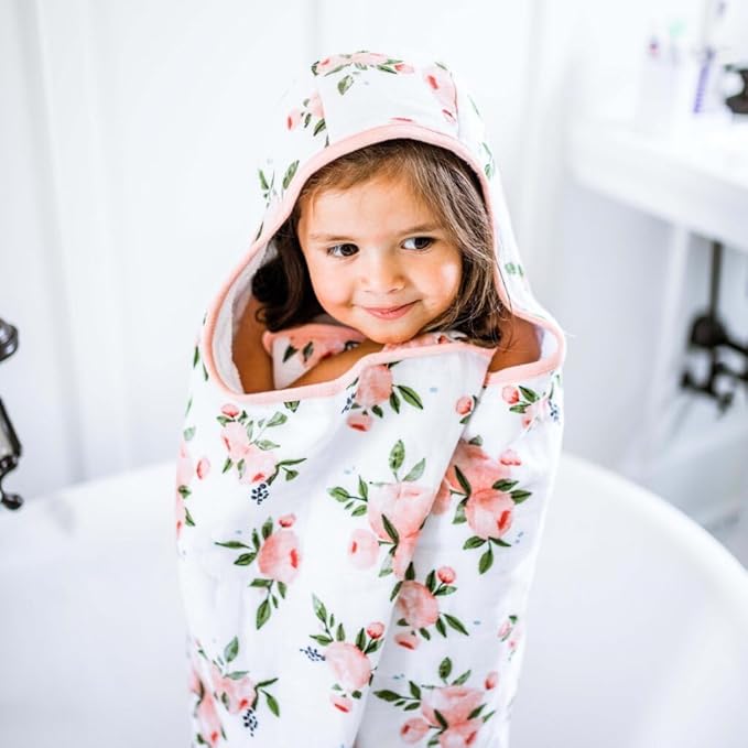 Little Unicorn Hooded Bath Towel | Absorbent Cotton & Terry Blend | Larger Size for Baby & Toddlers, 1-6 Years (Watercolor Roses)