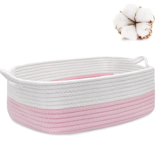ABenkle Small Storage Basket with Handles, Cotton Rope Woven Dog Cat Toy Bin, Decorative Shelves Closet Organizing for Nursery Laundry Bedroom Bathroom, 14.2''x 11''x 5.1''