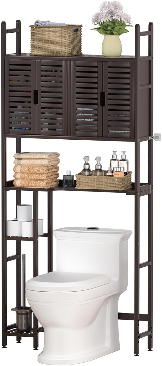 Over The Toilet Storage Cabinet with Paper Holder Stand,Bamboo Bathroom Organizer Shelf with Four Door and Waterproof Feet Pad,Space Saver Rack with Anti-Tip Design (Brown)