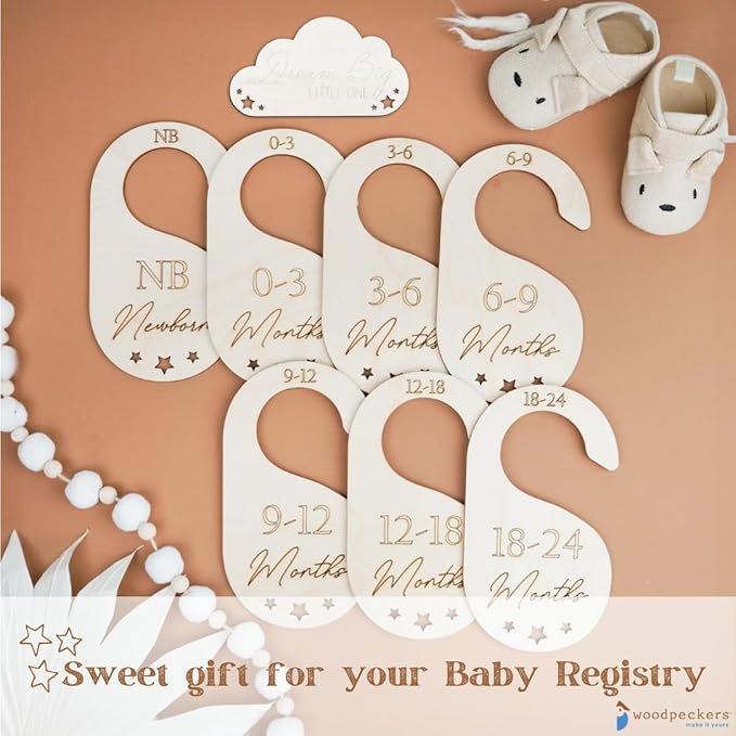 Baby Closet Dividers, Set of 7 Baby Clothes Organizer, Double Sided Wooden Baby Closet Organizer for Nursery, Size Newborn to Toddler, Baby Clothes Dividers for Closet Hanging on Standard Rod