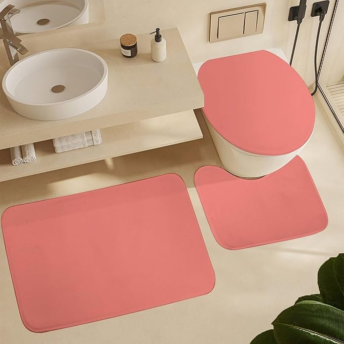 3 Pieces Bath Rug Sets, Solid Coral Pink Bathroom Mat Set Non Slip U Shaped Contour Rug & Toilet Lid Cover