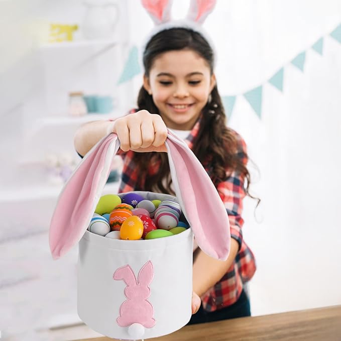 MONOBLANKS Easter Bunny Basket Bags Carrying Gift and Eggs Hunt Bag,Rabbit Canvas Toys Bucket Tote (A-Pink)