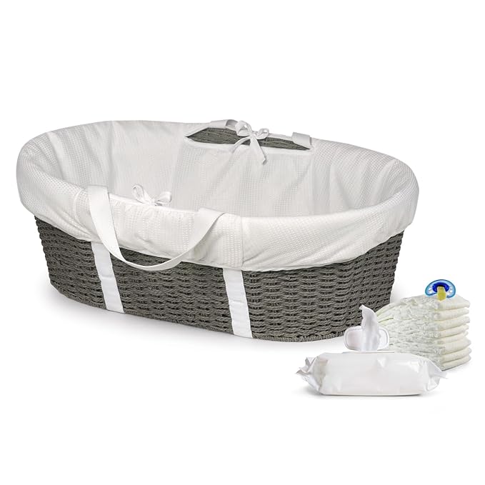 Badger Basket Woven Moses Changing Basket - Portable Baby Diaper Station with Pad, Liner, and Cover - Lightweight Newborn Changing Basket for Home or Travel - Cool Gray/White