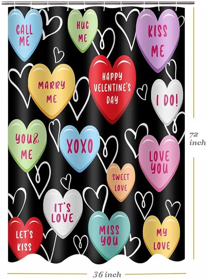 Happy Valentine Day Cute 36x72 Shower Curtain for Girls Love Me Kiss Me Red Black Love Hearts Romantic Shower Curtain Set Decor Bathroom Accessories Fabric Polyester Kid Bath Curtain with Hooks