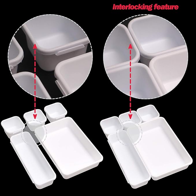 42 Pack Interlocking Desk Drawer Organizer Tray Dividers Plastic Shallow Narrow Drawers Organizers Separators Storage Bins Container for Kitchen Bathroom Makeup Office Vanity Dresser White