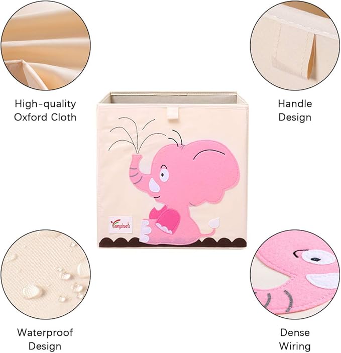 2 Pcs Foldable Animal Toy Storage Box/Bin/Cube, Collapsible Storage Organizer Chest Basket Container for Boys and Girls(13 x 13 x 13 Inch, Dinosaur & Pink Elephant)