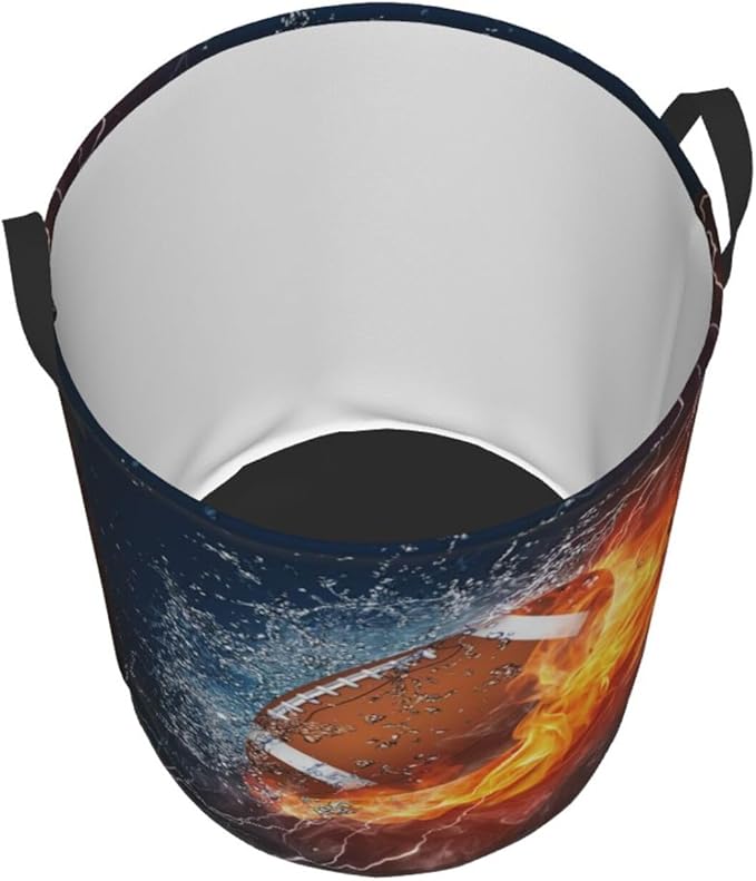 American Football Ball In Fire And Water Round Laundry Hamper Sport Rugby Storage Basket Toys Clothes Organizer Bin For Home Bathroom Bedroom Dorm Nursery, 38l