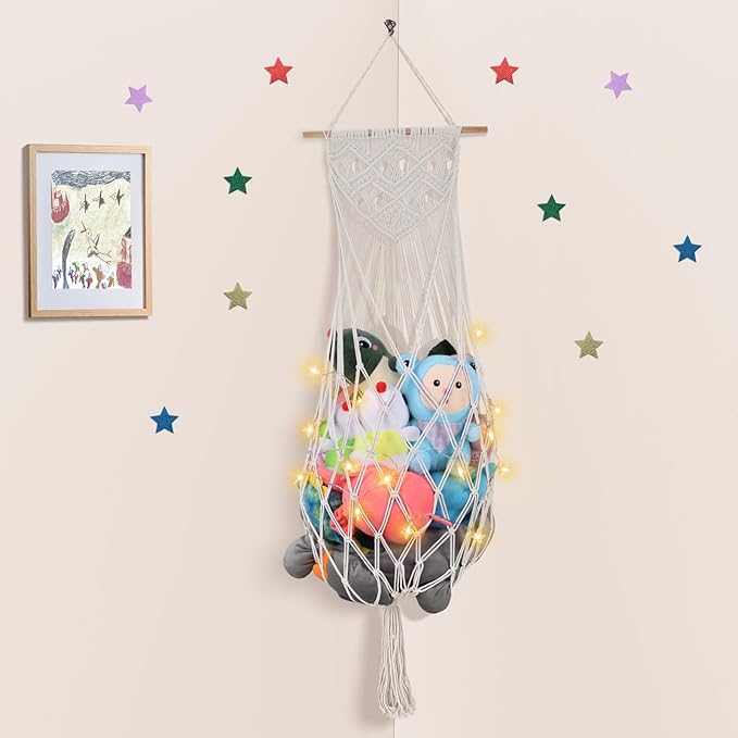 63 Inch Jumbo Stuffed Animal Storage w/ LED Star Light, Toy Hammock Wall Ceiling Over Door Hanging Organizer for Nursery Stuffy Plushie, Cream Stuffed Animals Hammock Corner for Kid Girls Boys Gift