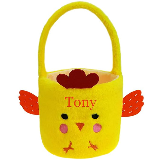 DearSun Exquisite Embroidery ! Personalized Yellow Plush Chick Basket Halloween Trick or Treat Bag with Embroidery Name (Yellow Plush Chick Basket)