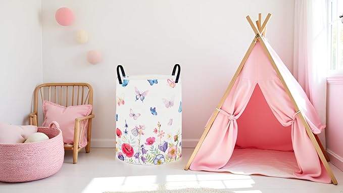 CLOCOR Round Collapsible Flat Storage Basket,Space-Saving Fabric Laundry Hamper for Clothes,Nursery Hamper,Gift Basket(Butterfly Flower)