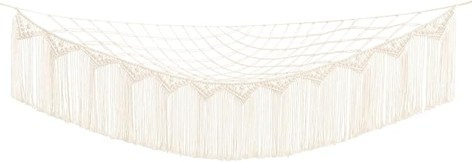 Mkono Stuffed Animal Hammock Corner Macrame Toy Storage Organizer with Lights and Tassels Boho Hanging Stuff Animals Net Large Capability Toys Display Holder for Nursery Kid Room Playroom, 1 piece