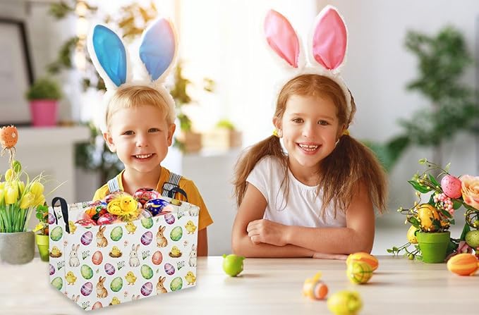Sanjiaofeng Rectangular Easter Basket Eggs Storage Bins,Cute Storage Basket with Handles.Clothers,Books,Kid's Gifts Bins. (Color eggs)