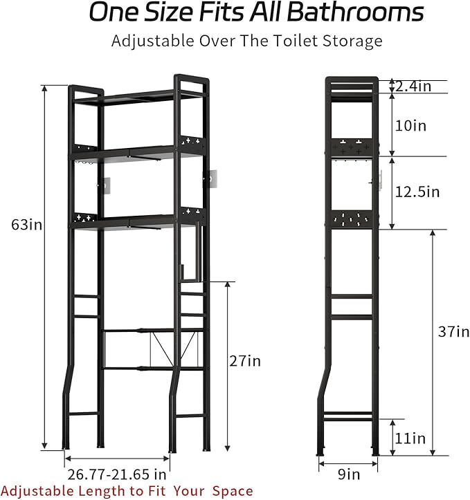 Over The Toilet Storage Shelf - 3-Tier Adjustable Black Metal Bathroom Organizer (21.6”-26.8") No Drilling Required, Space-Saving with Paper Holder & 4 Hooks for Small Spaces