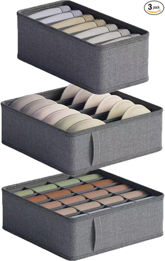 3 Pack Closet Underwear Organizer Storage Box, Drawer Fabric Foldable Cabinet Closet Storage Boxes for Storing Socks, Underwear, Ties, Belts (Dark Grey)