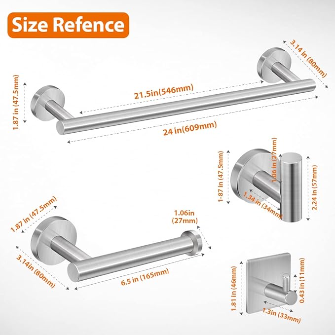 5-Pieces Bathroom Hardware Set Brushed Nickel SUS304 Stainless Steel Round Wall Mounted - Includes 24" Hand Towel Bar, Toilet Paper Holder, 3 Robe Towel Hooks, Bathroom Accessories Kit