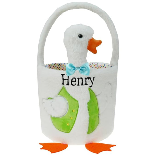 DearSun Exquisite Embroidery ! Personalized Plush Goose Basket Easter Egg Hunting Basket Easter Basket with Embroidery Name (Plush White Goose)