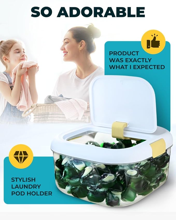 Skywin TidyFriend Laundry Pods Container with Push Up Lid, 11.4" x 11" x 5.9", Airtight Storage Keeps Pods Fresh, Laundry Detergent Container & Dishwasher Pod Holder (White)