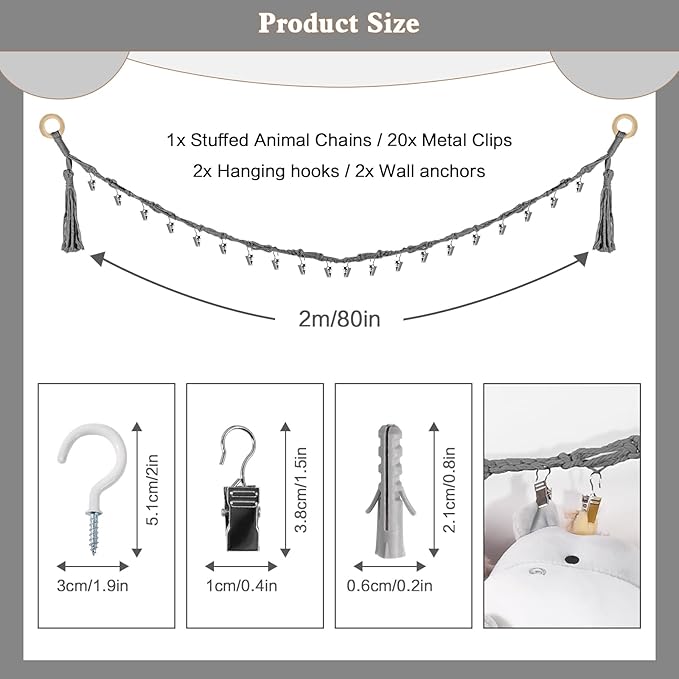 80" Cotton Hanging Storage Chain for Stuffed Animals Storage with 20 Metal Clips, Stuffed Animal Organizer Chain for Wall Corner Nursery Play Room, Grey