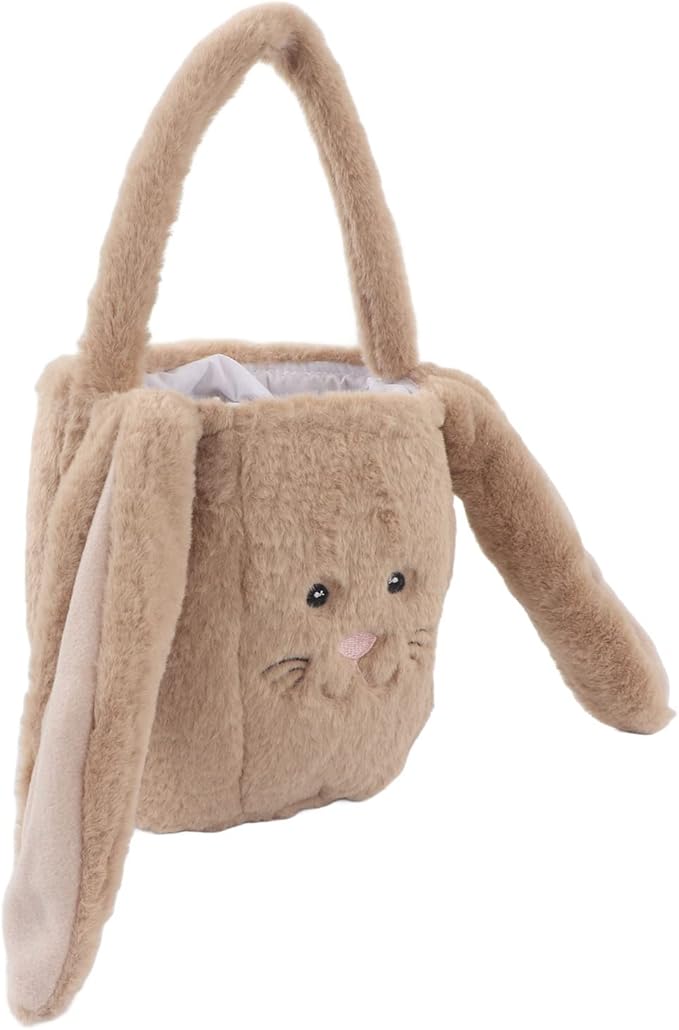 Spryflower Plush Easter Bunny Basket, Children Easter Basket, Cute Cartoon Long Ears Bunny Egg Basket, Soft Plush Easter Gift Bag for Kids, Perfect for Easter Egg Hunt and Family Gath (Coffee)
