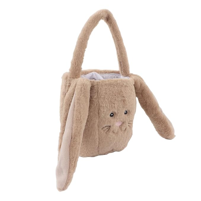 Plush Easter Bunny Basket, Children Easter Basket, Cute Cartoon Bunny Bag with Long Ears, Soft Plush Easter Egg Collector for Kids Easter Party Gift (Coffee)