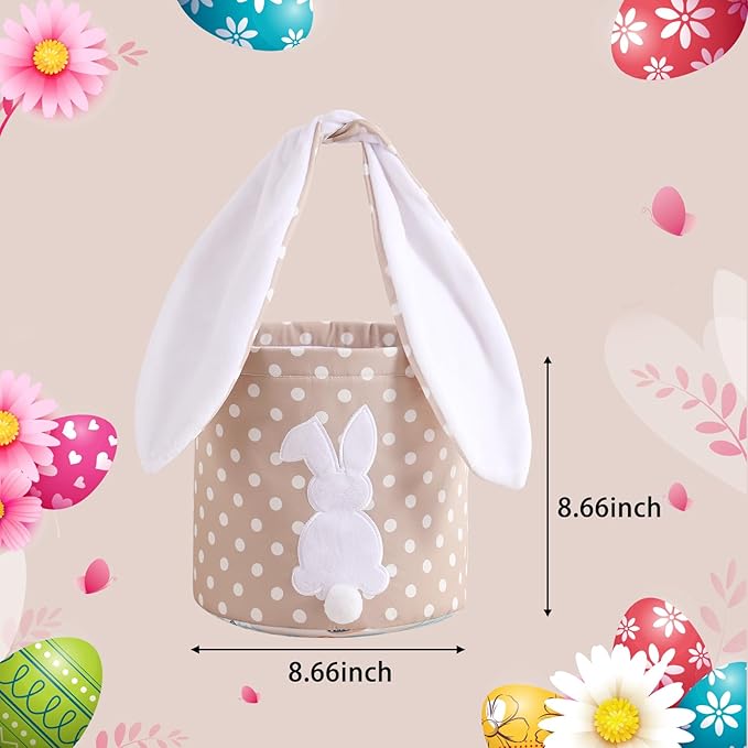 MONOBLANKS Easter Bunny Basket Bags Carrying Gift and Eggs Hunt Bag,Rabbit Canvas Toys Bucket Tote (A-Polka dot)