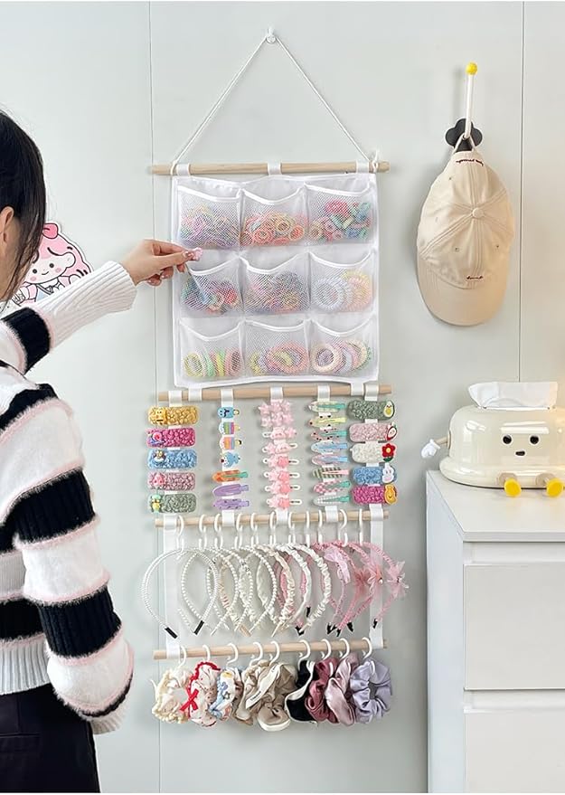 Headband Holder Hair Bows Organizer for Girls, Large Capacity Bow Holder, Pre-Assembled Hair Accessories Wall Hanging Organizer for Toddler Baby Girl Nursery Room Décor