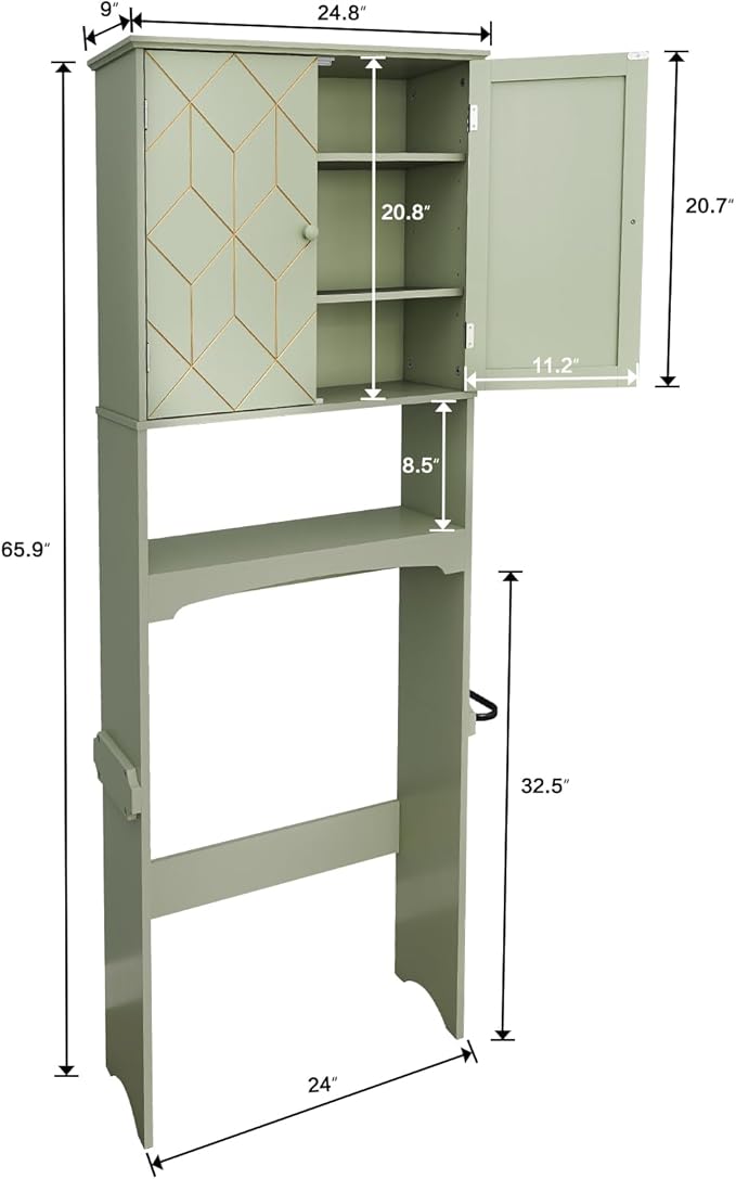 HLR Over The Toilet Storage Cabinet with Gold Trim, Over Toilet Bathroom Organizer with Adjustable Shelves and Toilet Paper Holder, Above Toilet Storage Cabinet Spacesaver for Bathroom (Green)