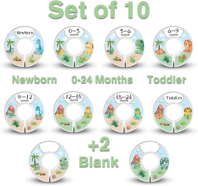 Baby Closet Dividers - Set of 10 from Newborn to Toddler and 2 Blanks with Colored Box - Dinosaur Designs Nursery Closet Size Dividers - [Dinosaur]