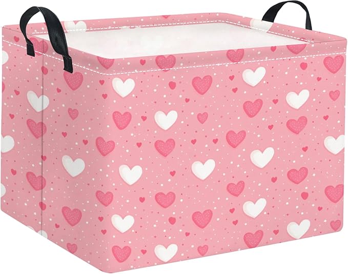 HIYAGON Rectangular Valentines Basket Baby Girl Storage Bin Pink Basket Organizer Box Heart Room Decor(Pink Hearts)