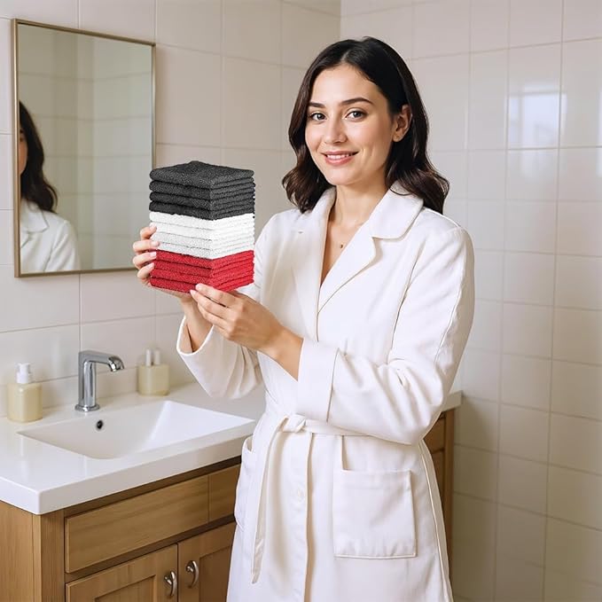 100% Cotton Washcloth Set – Soft, Absorbent Face Towels for Bathroom & Gym Use – Durable & Reusable Wash Cloths - Dark Grey, White & Burgundy, 12x12 Inches, Pack of 12