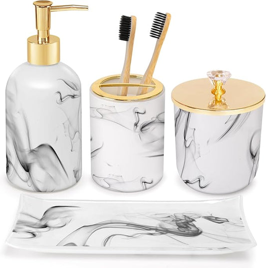 Haturi Bathroom Accessories Set, 4 Pcs Marble Look Sets Soap Dispenser & Toothbrush Holder Counter Top Restroom Apartment Decor Stuff, Glass Kits, Gift for Women and Men, Ink White