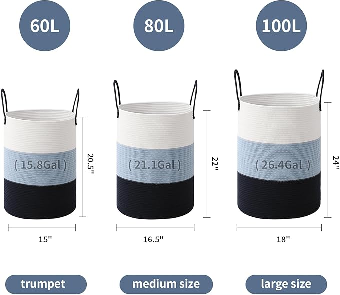 Woven Laundry Hamper Tall Rope Storage Basket for Blanket toys Dirty Clothes in Living Room Bathroom Bedroom (Gradient Blue, 60L/15.8Gal)