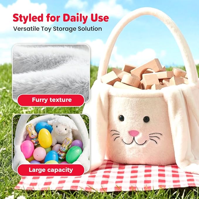 Easter Basket, Cute Bunny Easter Basket with Plush Ears, Easter Baskets for Egg Hunt, Candy & Gift Storage (Pink)
