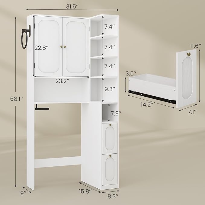 7-Tier L-Shaped Over Toilet Storage Cabinet with 2 Drawers, Tissue Holder & Towel Holder, Bathroom Storage Cabinet with 2 Doors & Adjustable Shelf for Bathroom, Laundry Room, White
