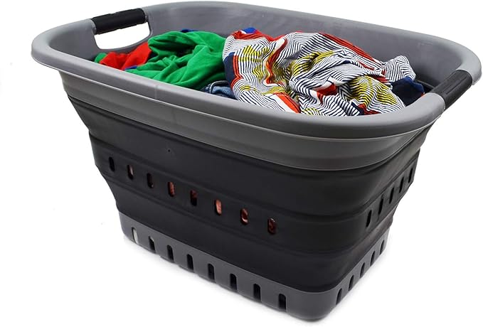 1 CASE of SAMMART 37L (9.77 gallon) Collapsible Plastic Laundry Basket - Foldable Pop Up Storage Container/Organizer - Space Saving Hamper/Basket (11, Grey/Black)