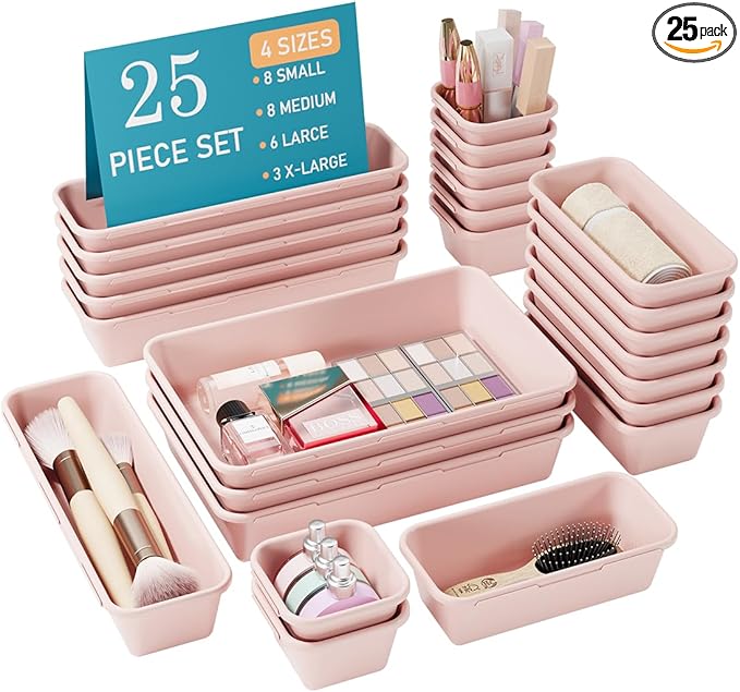 25 PCS Pink Drawer Organizer Set, 4 Size Interlocking Plastic Storage Bins for Office Supplies, Jewelry Makeup Vanity, Bathroom Kitchen, Home Organization Closet, Gadgets Small Items