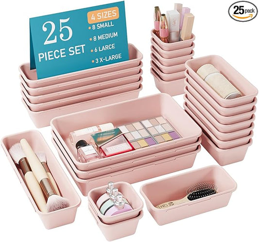 25 PCS Pink Drawer Organizer Set, 4 Size Interlocking Plastic Storage Bins for Office Supplies, Jewelry Makeup Vanity, Bathroom Kitchen, Home Organization Closet, Gadgets Small Items