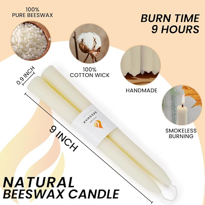 9" White Beeswax Taper Candles,2PCS Handmade Natural Candles,Dripless and Smokeless，9-Hour Burn Time.