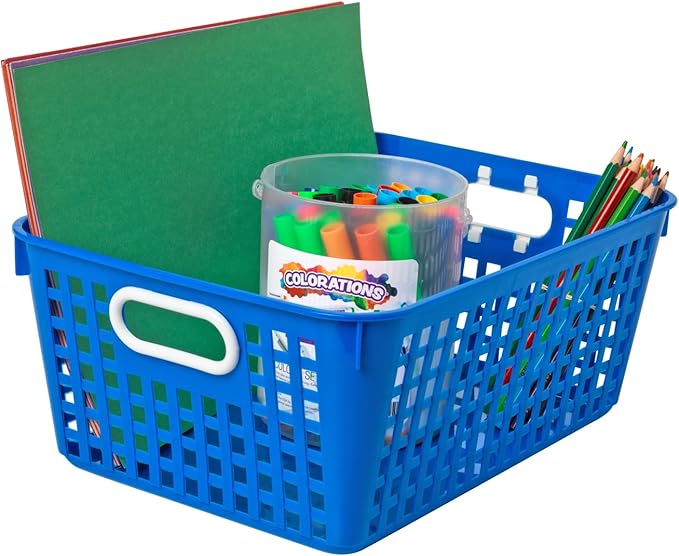 Really Good Stuff Large Plastic Book Baskets, 13.25" x 10" x 5.5", 4 Pack, Primary Group Colors, Classroom Library Organizers, Toy Storage, Multi-Purpose