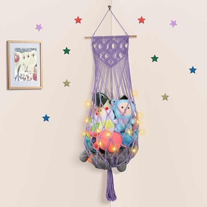 Stuffed Animal Storage Net, 63’’ Jumbo Stuffed Animal Hammock Corner Wall Ceiling Over Door Hanging Toy Hammock Organizer, Purple Boho Macrame Plushie Toy Net w/ LED Lights for Baby Boys Girls Gift