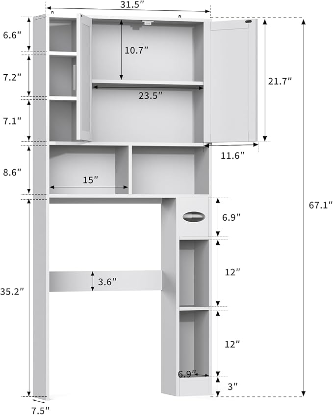 Winkalon Over The Toilet Storage Cabinet with 2 Barn Doors and Adjustable Shelves, Freestanding Toilet Shelf Organizer with Toilet Paper Holder, Space Saver for Bathroom, Restroom, Laundry