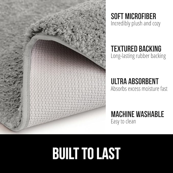 GORILLA GRIP Bathroom Rugs, 42x24, Ultra Soft Absorbent Mat, Thick Plush Bath Rug, Machine Washable, Microfiber Quick Dry, Mats for Shower, Bathtub and Floor, Home Decor Accessories, Light Gray