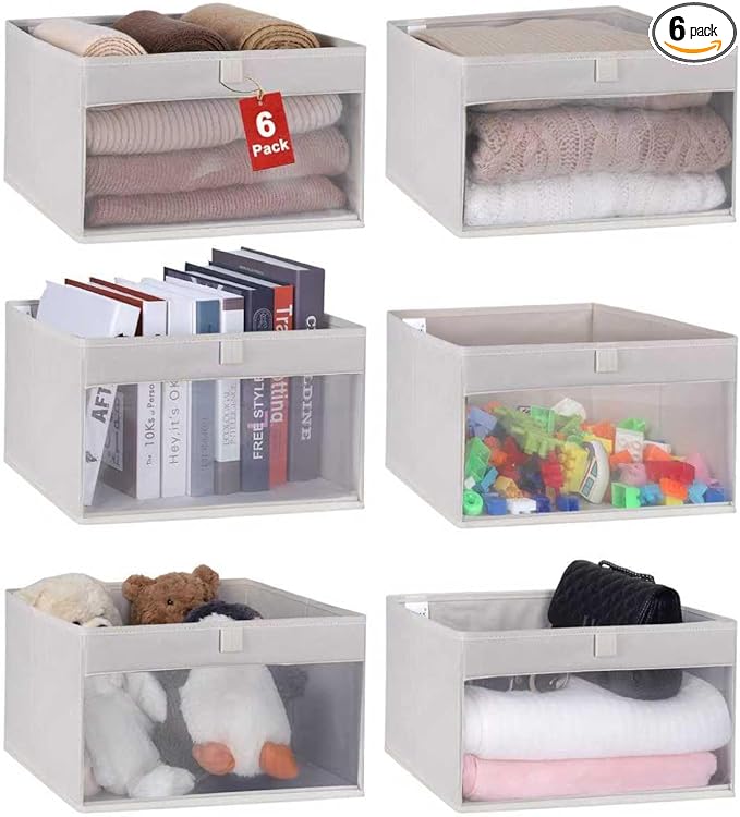 WUIKE 6-Pack Storage Bins with Window, Foldable Storage Baskets for Clothes, Purse, Blanket, Beige, Large