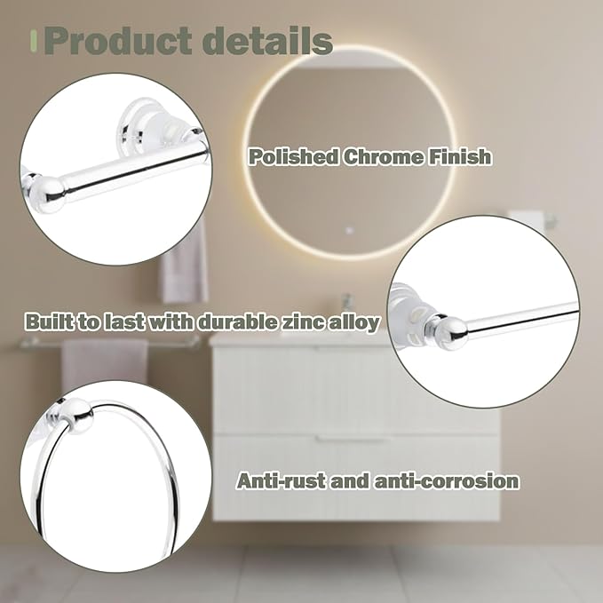 3-Piece Bathroom Hardware Set, Polished Chrome Towel Bar, Toilet Paper Holder & Towel Ring – Rust-Resistant Bath Accessory Set for Modern Bathrooms, Easy Install, Heavy-Duty Wall Mount