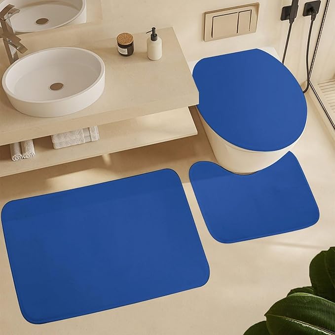 3 Pieces Bath Rug Sets, Royal Blue Trend Color Bathroom Mat Set Non Slip U Shaped Contour Rug & Toilet Lid Cover