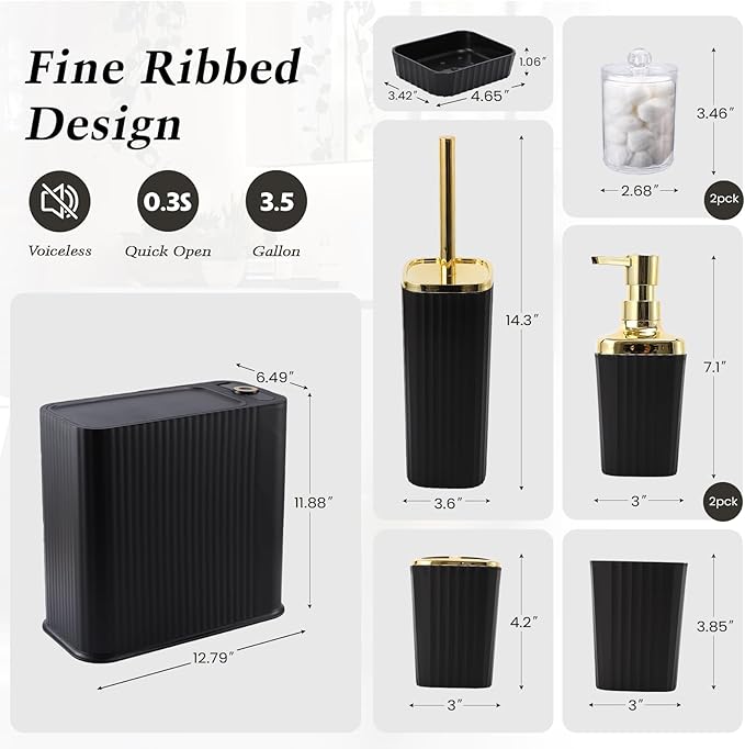 9-Piece Black & Gold Bathroom Set with Press-Top Slim Trash Can - Modern Bathroom Accessories Sets with Toilet Brush, Soap Dispenser, Toothbrush Set, Soap Dish & Apothecary Jars