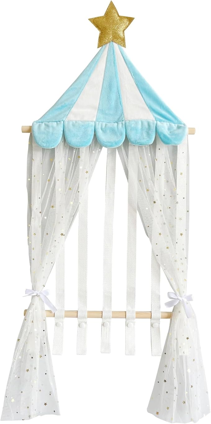 Hair Bow Organizer, Gold Star Canopy Design, White Tulle Curtain Display, Wall Mounted Storage for Baby Girls Headbands, Pink and Cream Scalloped Top (Blue)