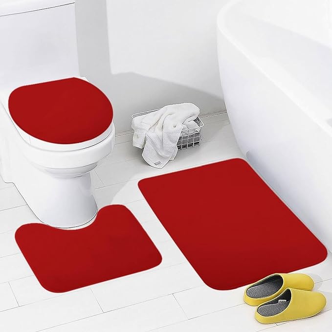 3 Pieces Bath Rug Sets, Red Trend Colors Bathroom Mat Set Non Slip U Shaped Contour Rug & Toilet Lid Cover
