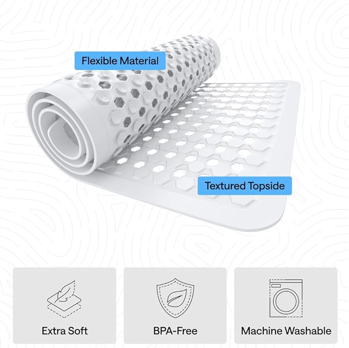 GORILLA GRIP Patented Bath Tub Shower Mat, Machine Washable Bathtub Floor Liner Mats, Suction Cups and Drain Holes to Keep Tubs Clean, Soft on Feet, Bathroom Essentials, 35x16 Inch, White