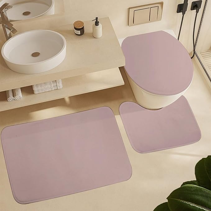 3 Pieces Bath Rug Sets, Dusty Pink Trend Color Bathroom Mat Set Non Slip U Shaped Contour Rug & Toilet Lid Cover